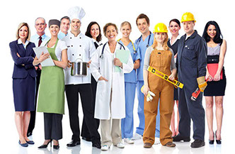 An image containing an ecclectic group of people with various professions, dressed accordingly but all with the common need for Labour Medicine